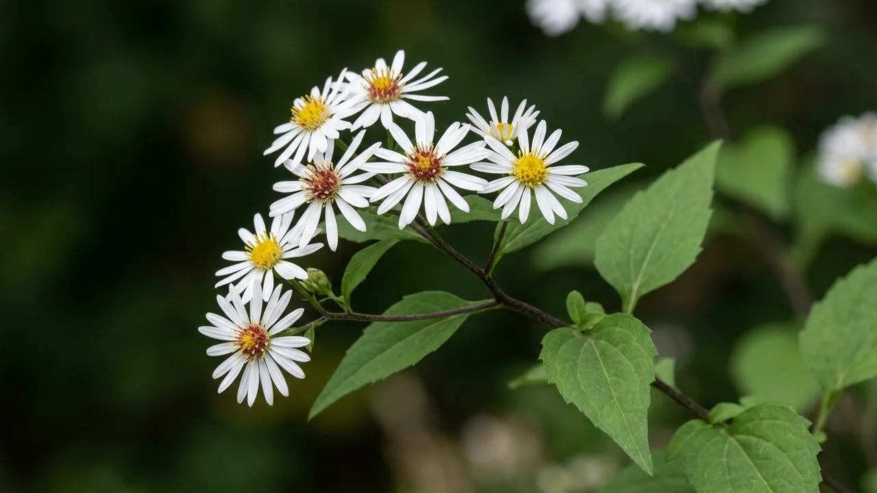 White Wood Aster (Eurybia divaricata) - white flowers, illustrated plant card