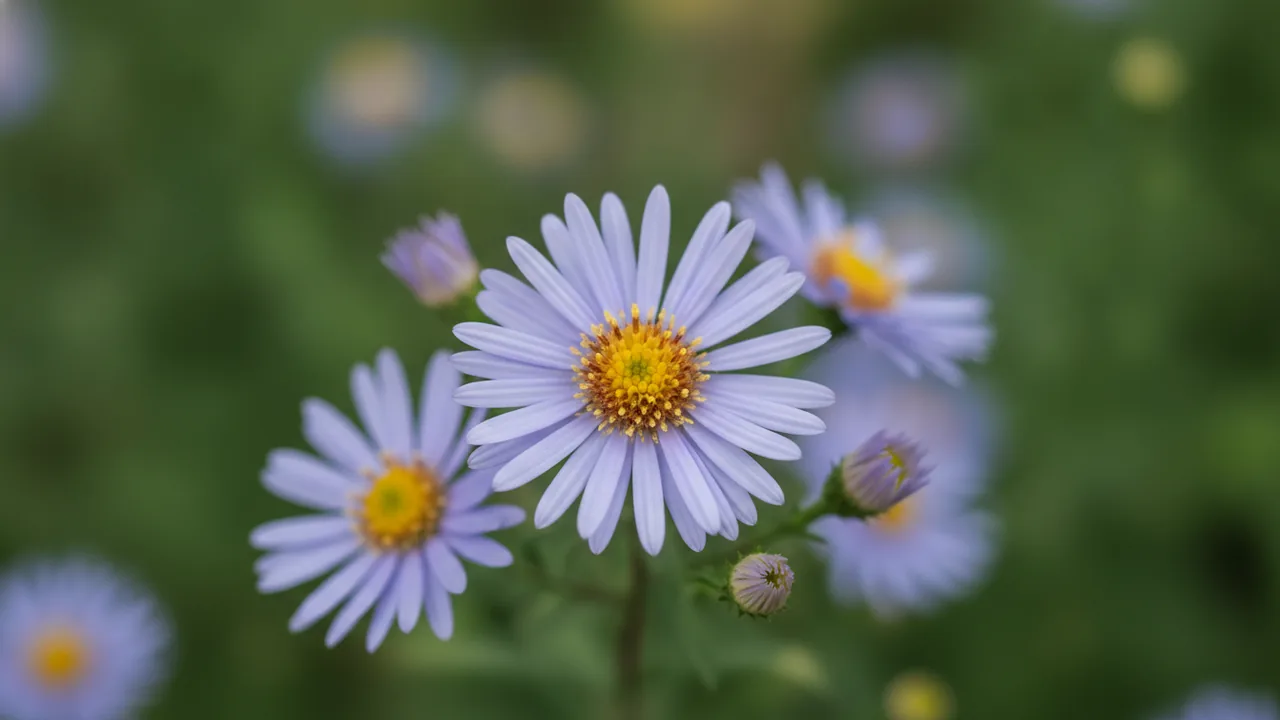 Wood's Blue (Symphyotrichum dumosum 'Wood's Blue') - blue flowers, illustrated plant card