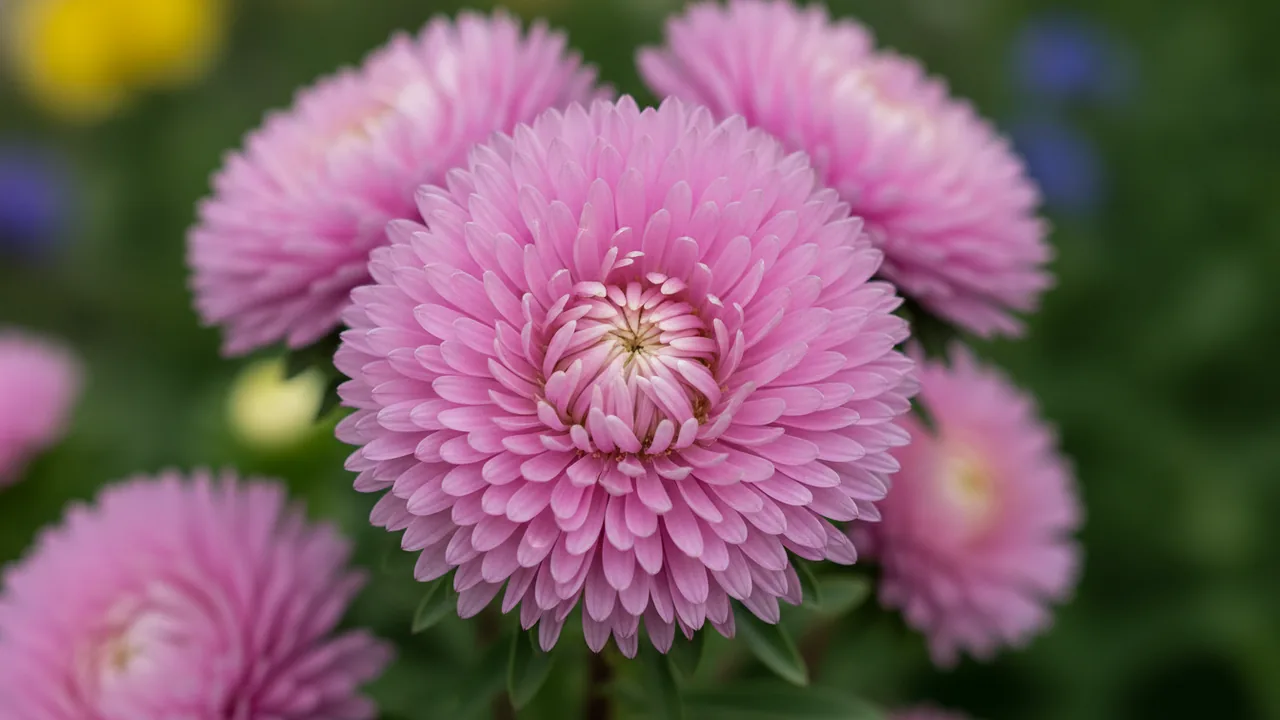 Wood's Pink (Symphyotrichum dumosum 'Wood's Pink') - pink flowers, illustrated plant card