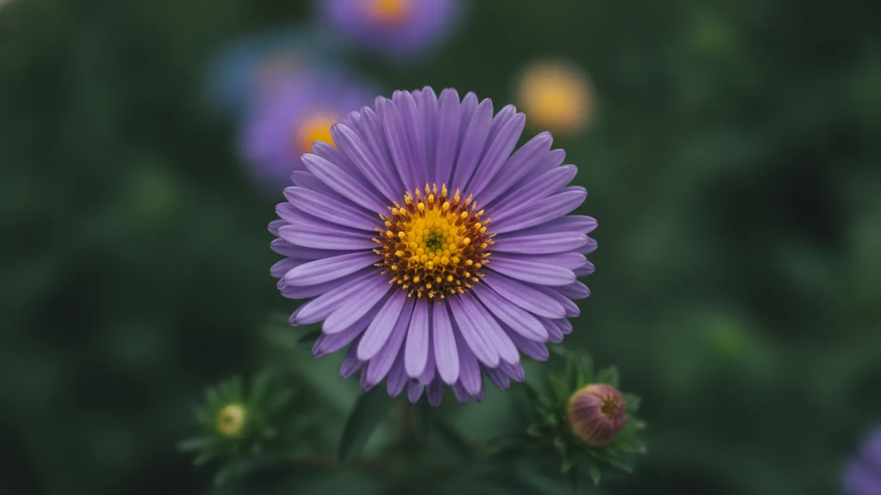 Wood's Purple (Symphyotrichum dumosum 'Wood's Purple') - purple flowers, illustrated plant card