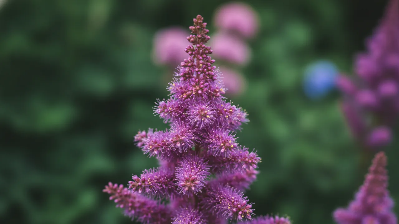 Amethyst (Astilbe × arendsii 'Amethyst') - purple flowers, illustrated plant card