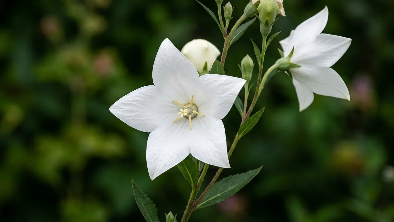 Astra White Balloon Flower (Platycodon grandiflorus 'Astra White') - white flowers, illustrated plant card