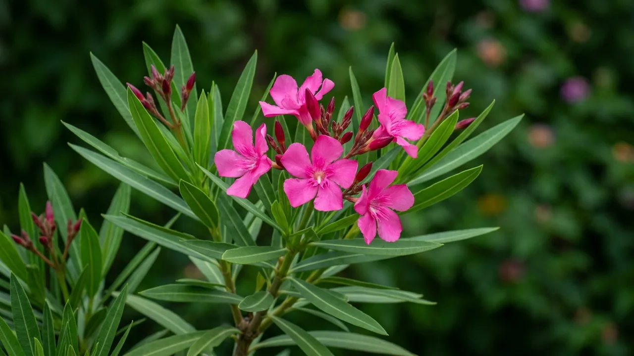 Austin Pretty Limits Oleander (Nerium oleander 'ATXNOKHP') - pink flowers, illustrated plant card