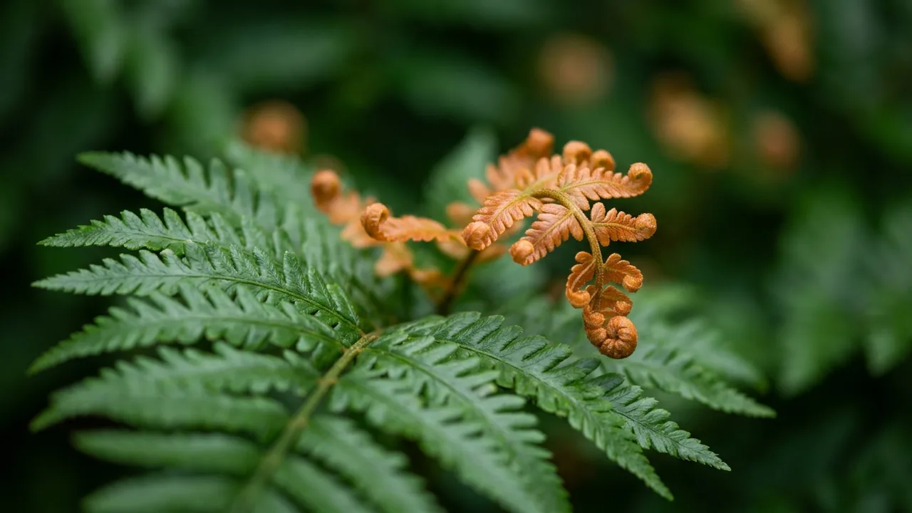 Brilliance Autumn Fern (Dryopteris erythrosora 'Brilliance') - foliage plant, illustrated plant card