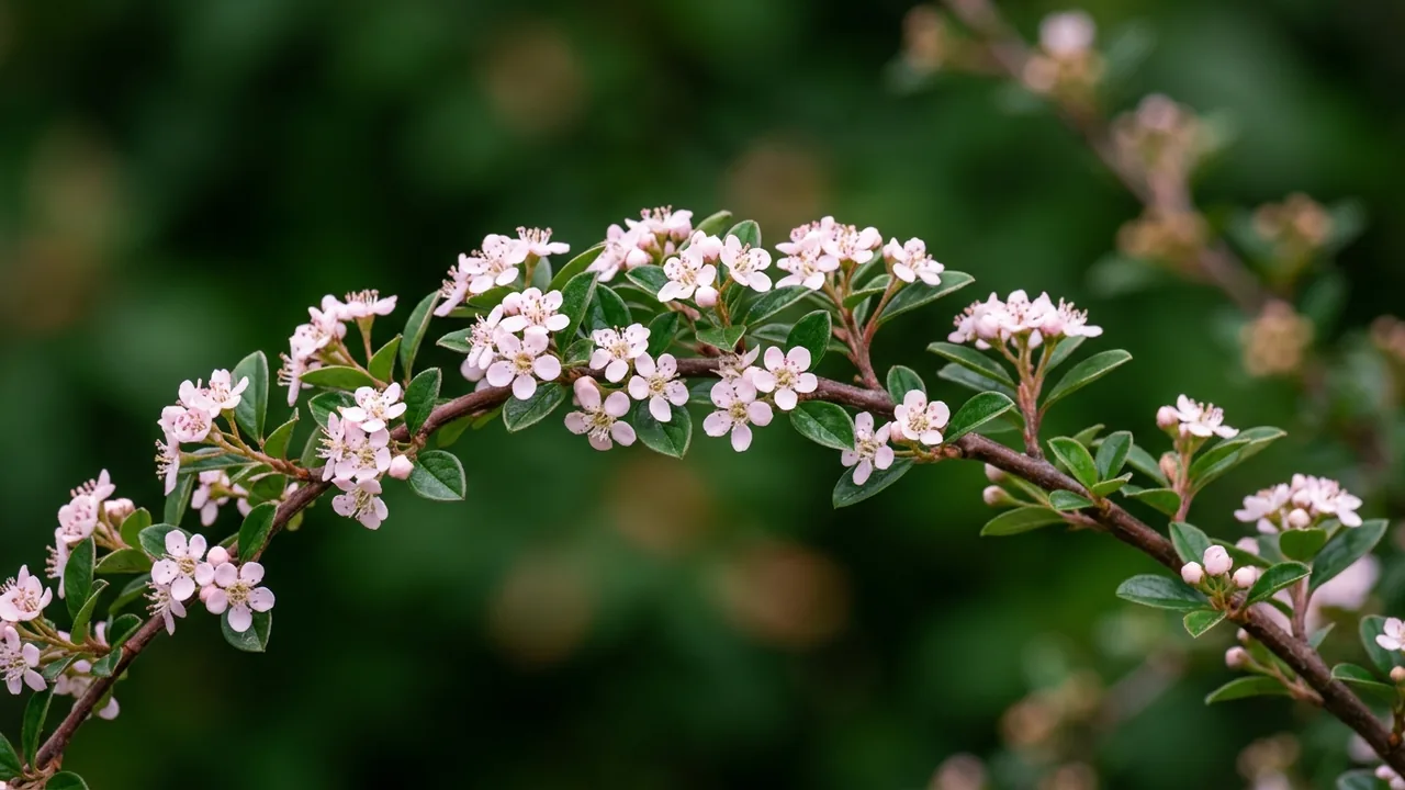 Autumn Inferno Cotoneaster (Cotoneaster 'Bronfire') - pink flowers, illustrated plant card