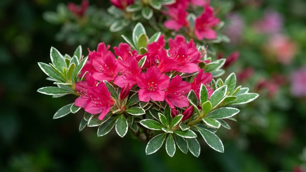 Arctic Rose Azalea (Rhododendron 'Arctic Rose') - red flowers, illustrated plant card