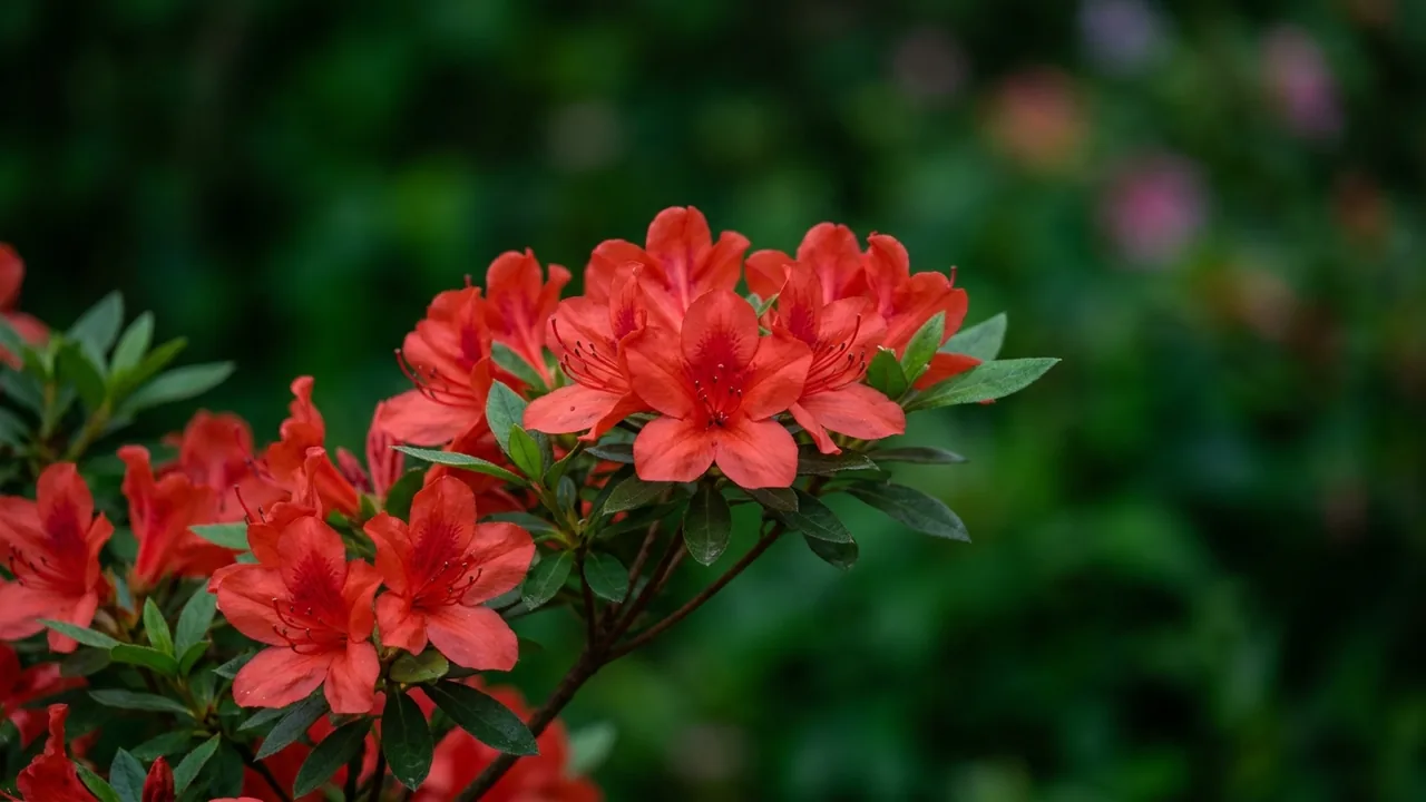 Autumn Bonfire Encore Azalea (Rhododendron 'Robleza') - red flowers, illustrated plant card