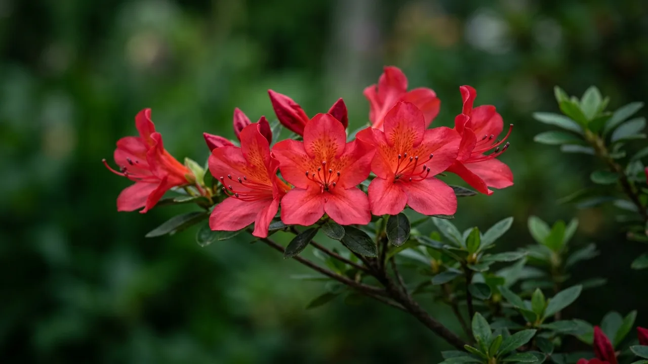 Autumn Bravo Encore Azalea (Rhododendron 'Conlen') - red flowers, illustrated plant card