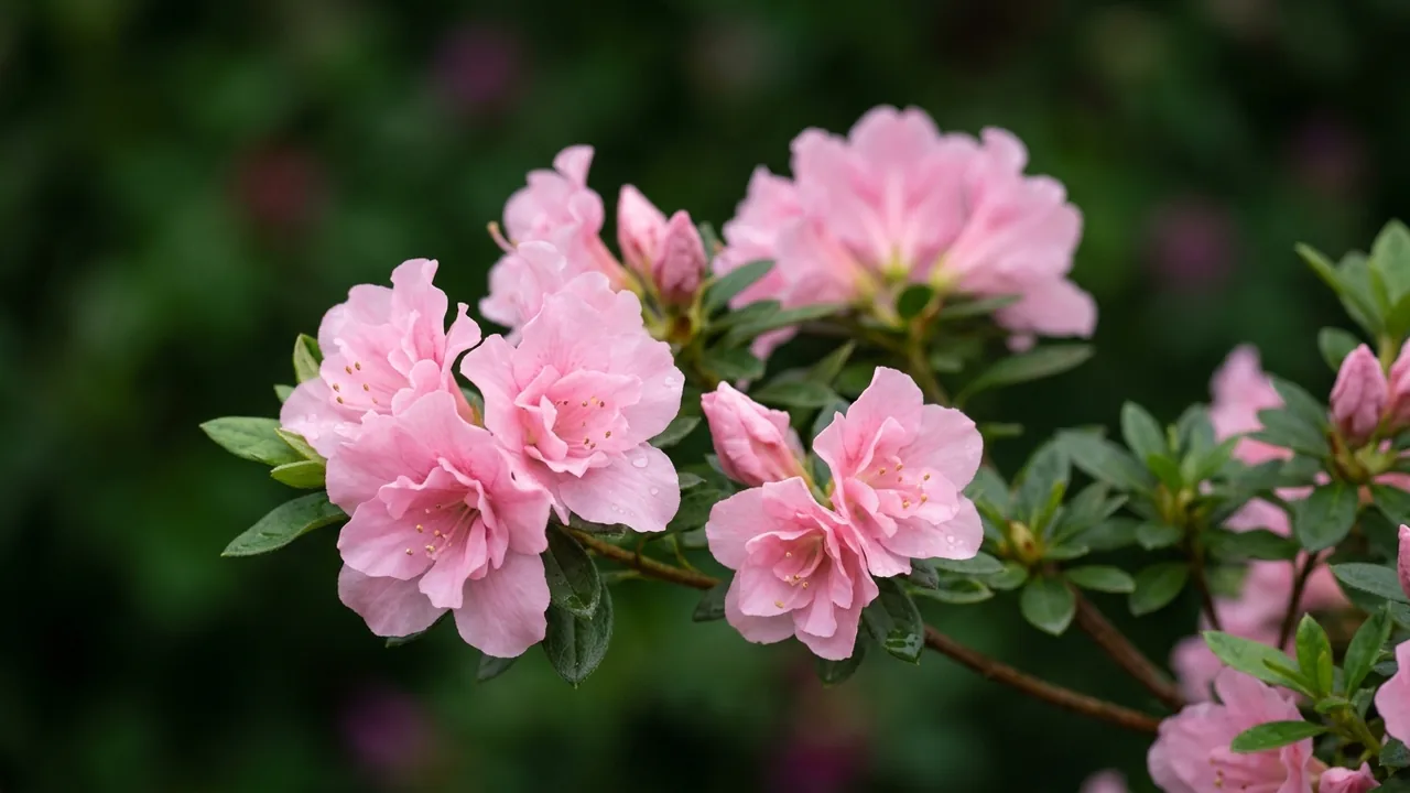 Autumn Carnation Encore Azalea (Rhododendron 'Roblec') - pink flowers, illustrated plant card