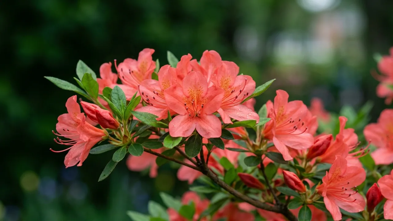 Autumn Coral Encore Azalea (Rhododendron 'Conled') - pink flowers, illustrated plant card