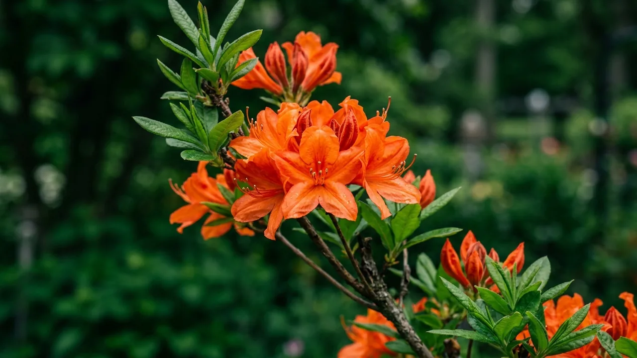 Autumn Embers Encore Azalea (Rhododendron 'Conleb') - red flowers, illustrated plant card