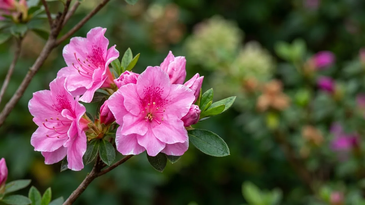 Autumn Empress Encore Azalea (Rhododendron 'Conles') - pink flowers, illustrated plant card