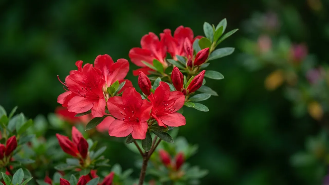 Autumn Fire Encore Azalea (Rhododendron 'Roblez') - red flowers, illustrated plant card