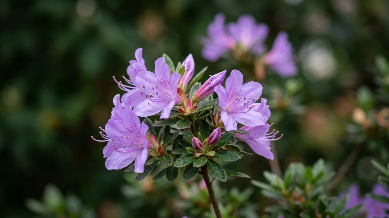 Autumn Lilac Encore Azalea (Rhododendron 'Robles') - purple flowers, illustrated plant card