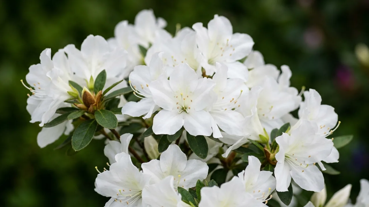 Autumn Lily Encore Azalea (Rhododendron 'Roblex') - white flowers, illustrated plant card