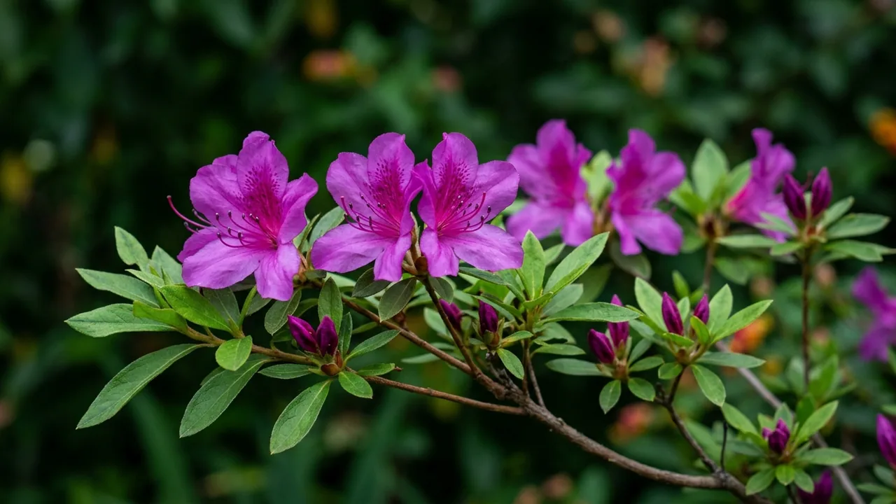 Autumn Royalty Encore Azalea (Rhododendron 'Conlec') - purple flowers, illustrated plant card