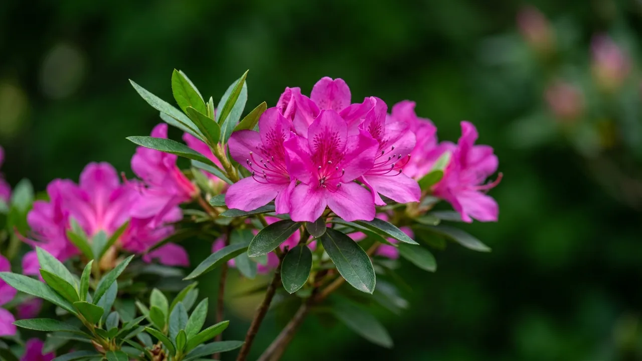 Autumn Sangria Encore Azalea (Rhododendron 'Roblee') - pink flowers, illustrated plant card
