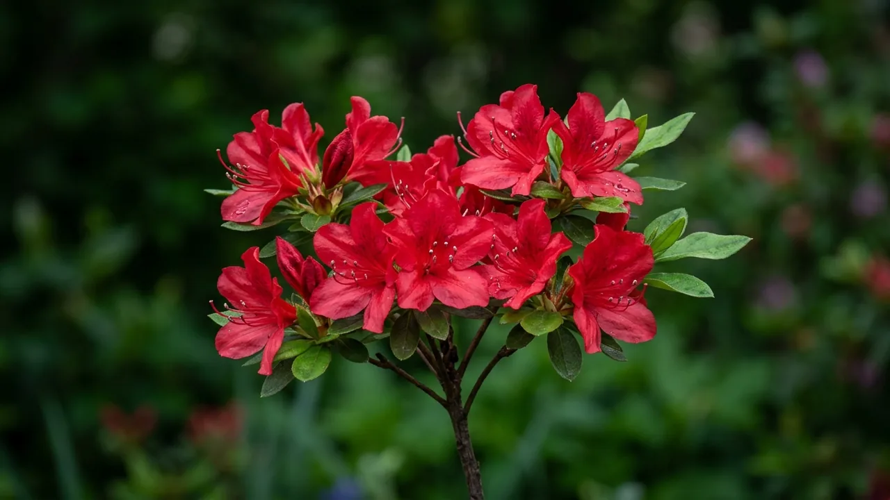 Bixby Azalea (Rhododendron 'Bixby') - red flowers, illustrated plant card