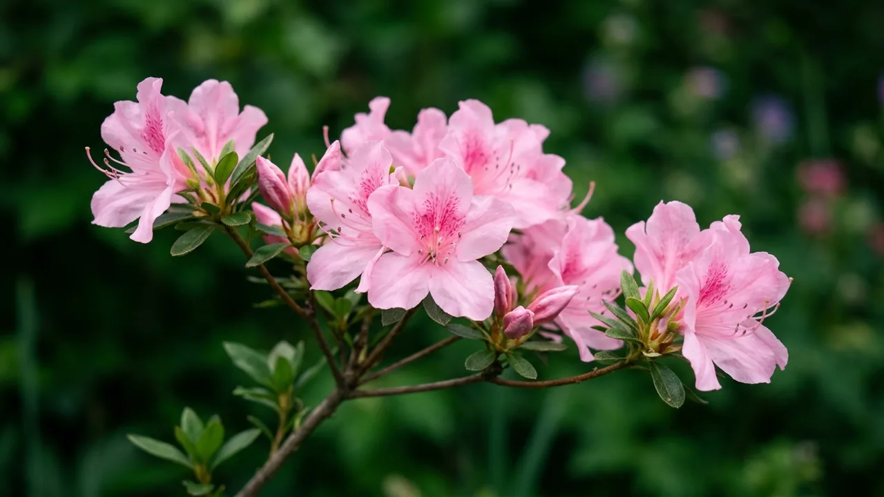 Blaauws Pink Azalea (Rhododendron 'Blaauw's Pink') - pink flowers, illustrated plant card