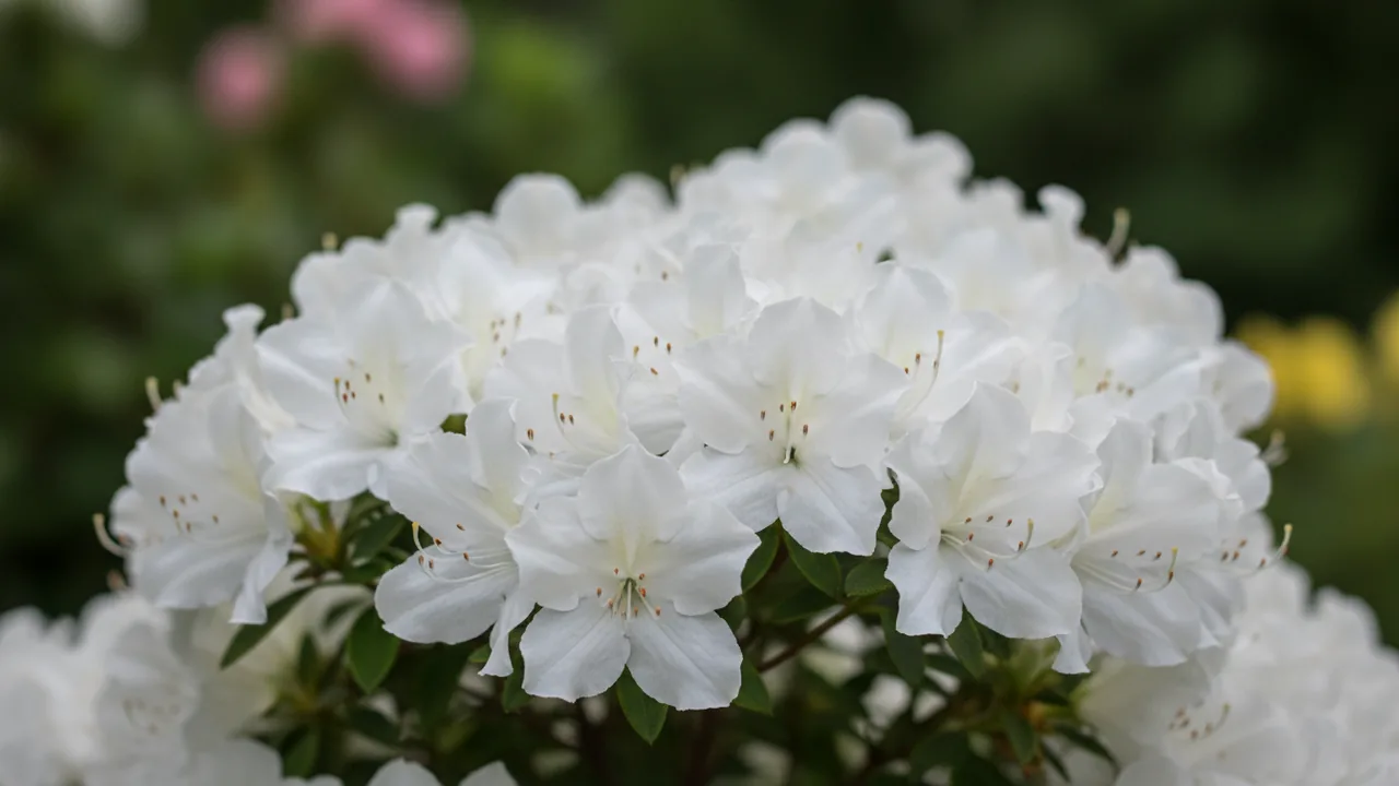 Delaware Valley White (Rhododendron 'Delaware Valley White') - white flowers, illustrated plant card