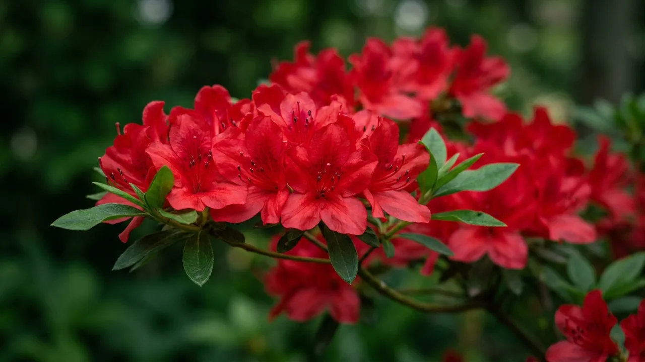 Electric Lights Red Azalea (Rhododendron 'Umnaz633') - red flowers, illustrated plant card