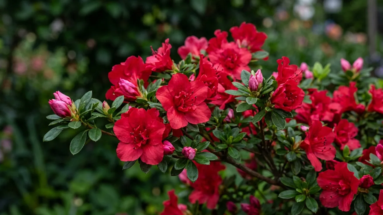 Ever After Ruby Reblooming Azalea (Rhododendron 'Rlh2-2pa1s') - red flowers, illustrated plant card
