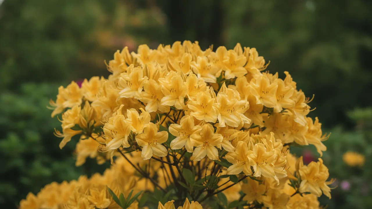 Golden Lights (Rhododendron 'Golden Lights') - yellow flowers, illustrated plant card