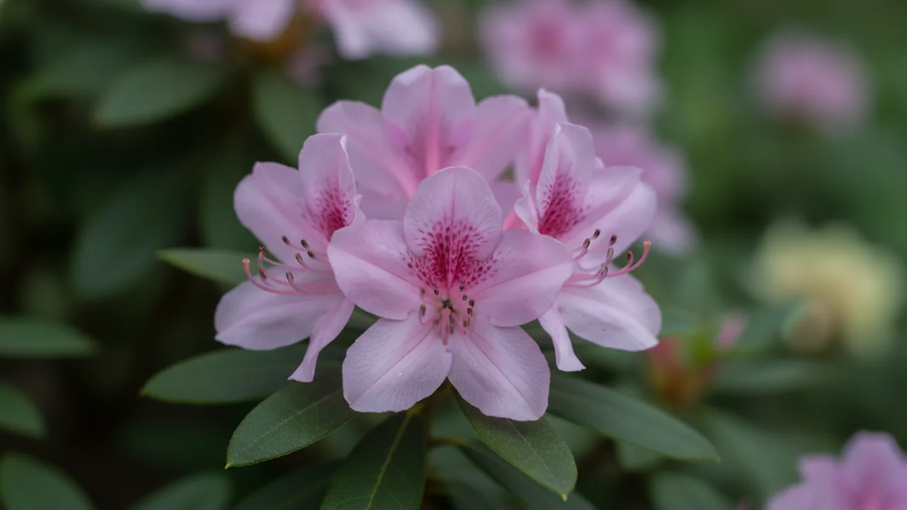 Gumpo Pink (Rhododendron 'Gumpo Pink') - pink flowers, illustrated plant card