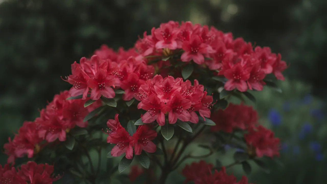 Hino-Crimson (Rhododendron 'Hino-Crimson') - red flowers, illustrated plant card