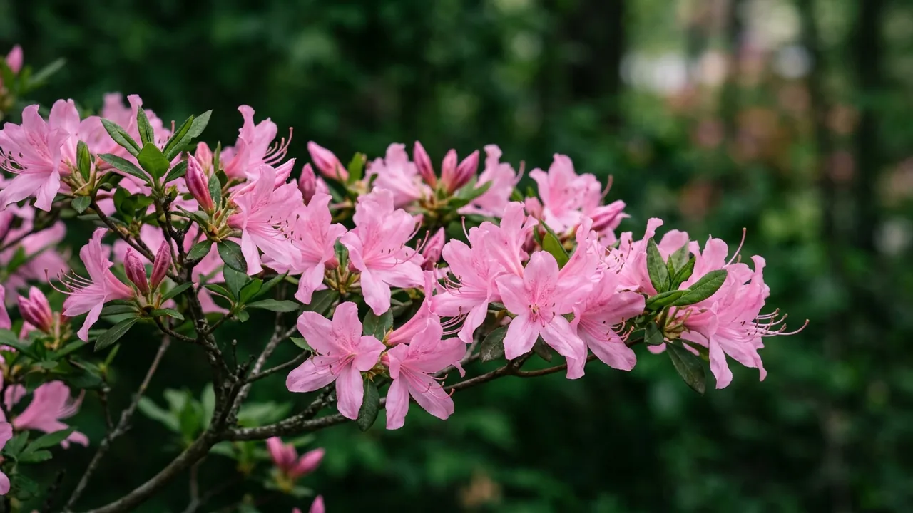 Piedmont Azalea (Rhododendron canescens) - pink flowers, illustrated plant card