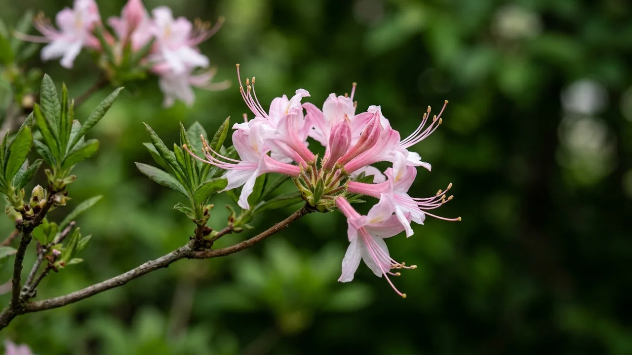 Pinxterbloom Azalea (Rhododendron periclymenoides) - pink flowers, illustrated plant card