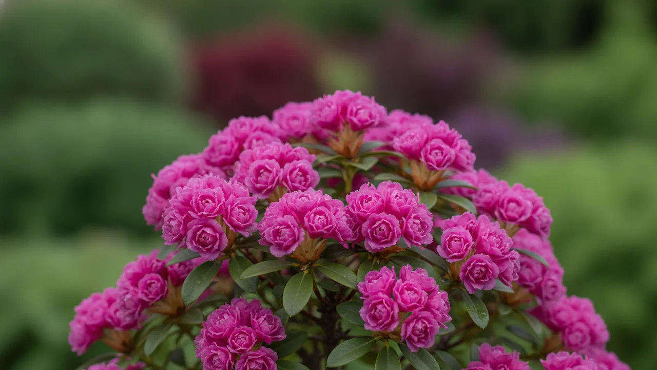 Rosebud (Rhododendron 'Rosebud') - pink flowers, illustrated plant card