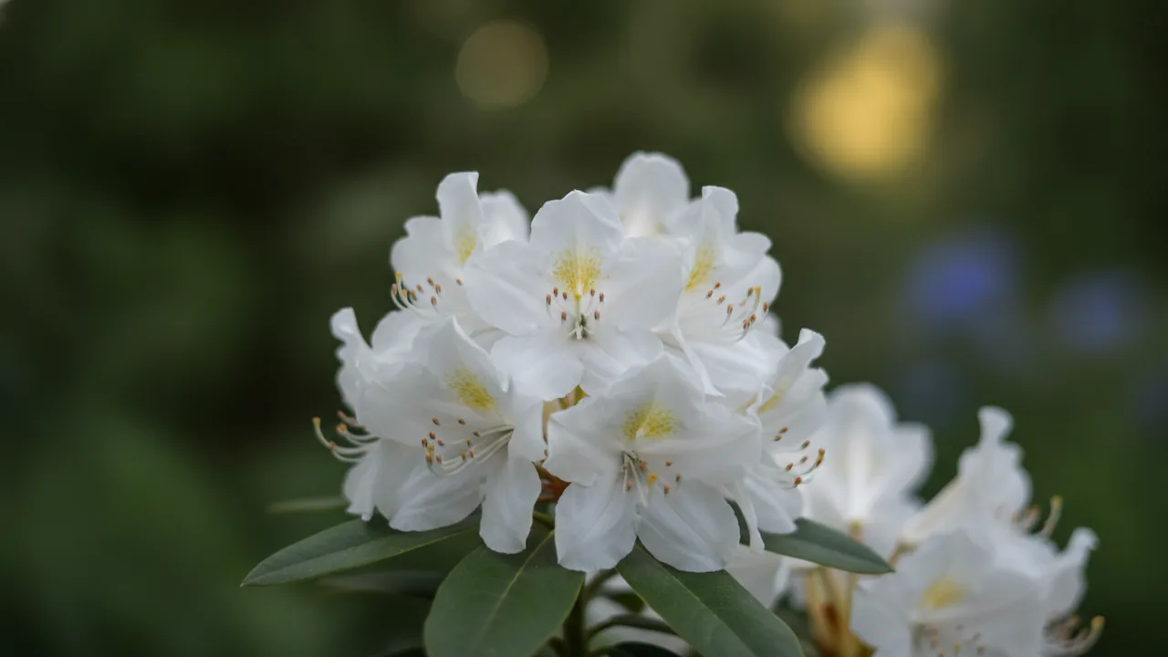 White Lights (Rhododendron 'White Lights') - white flowers, illustrated plant card