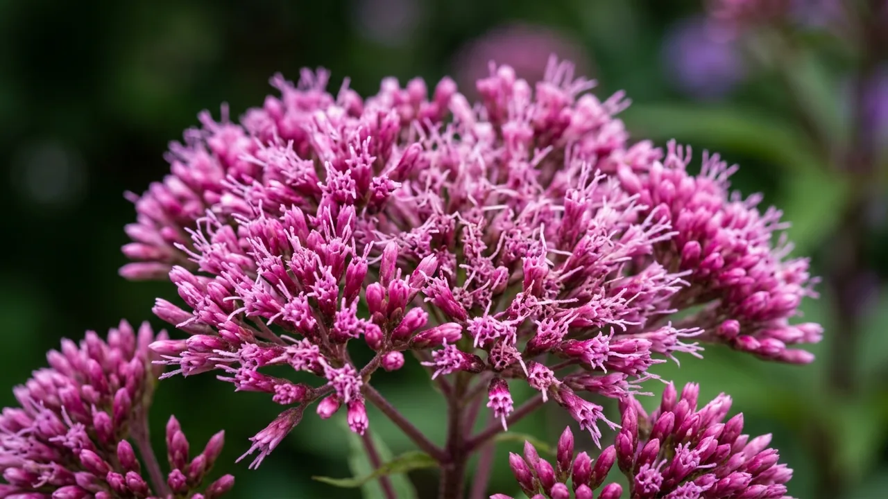 Baby Joe Dwarf Joe Pye Weed (Eutrochium purpureum 'Baby Joe') - pink flowers, illustrated plant card