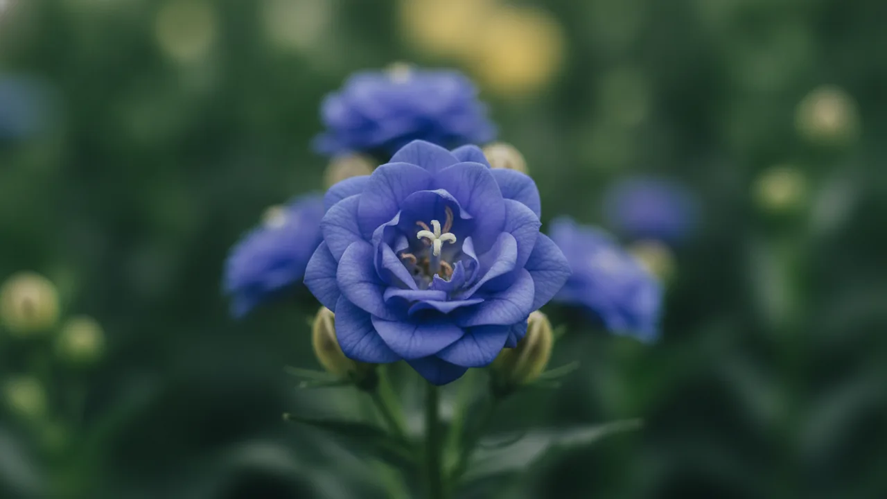 Astra Double Blue (Platycodon grandiflorus 'Astra Double Blue') - blue flowers, illustrated plant card