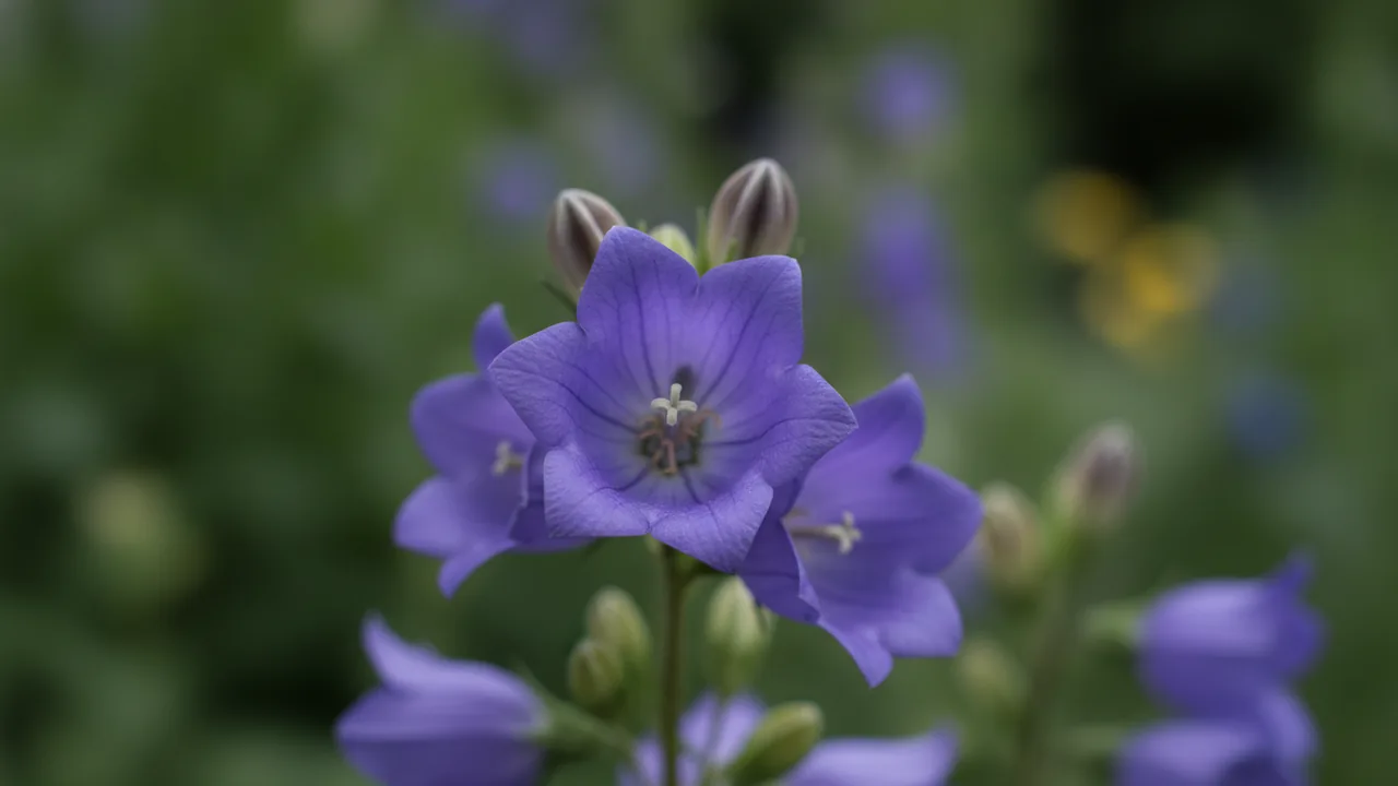 Komachi (Platycodon grandiflorus 'Komachi') - purple flowers, illustrated plant card