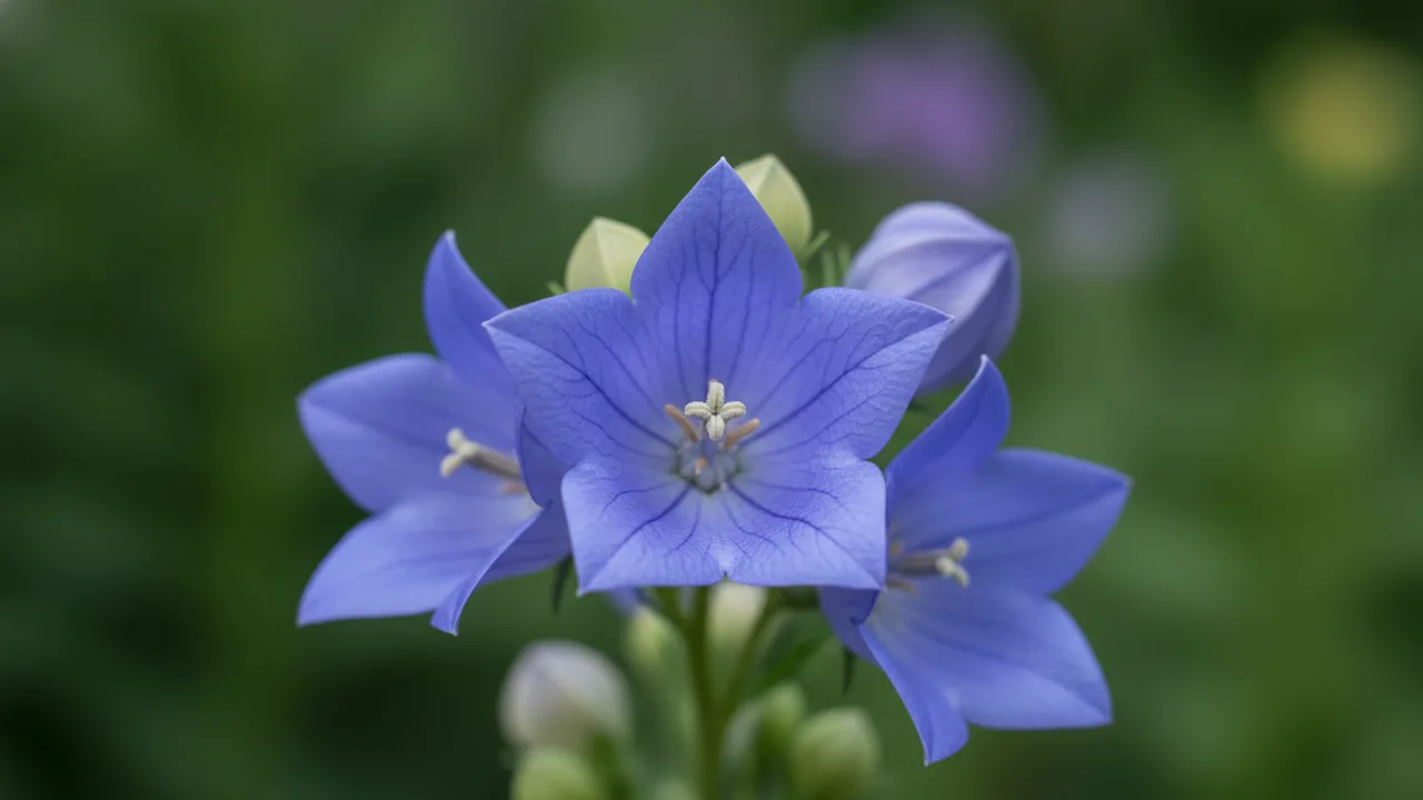 Sentimental Blue (Platycodon grandiflorus 'Sentimental Blue') - blue flowers, illustrated plant card