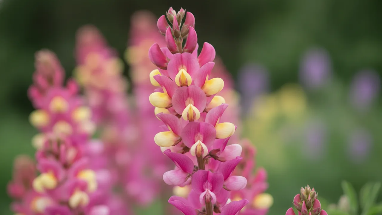 Pink Lemonade (Baptisia 'Pink Lemonade') - pink flowers, illustrated plant card