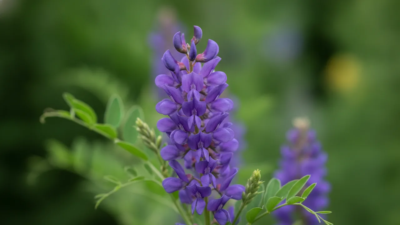 Purple Smoke (Baptisia 'Purple Smoke') - purple flowers, illustrated plant card