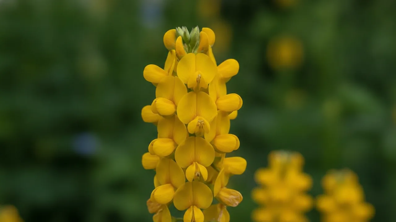 Screaming Yellow (Baptisia sphaerocarpa 'Screaming Yellow') - yellow flowers, illustrated plant card