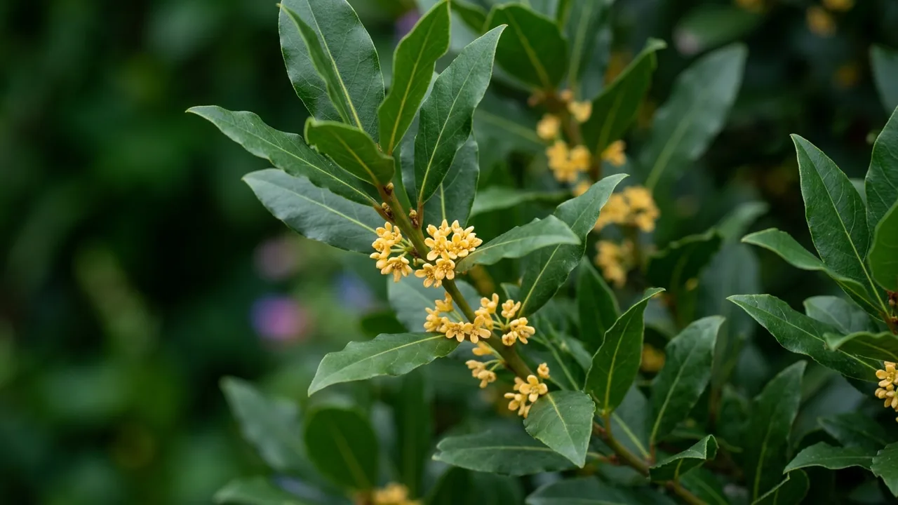 Bay Laurel (Laurus nobilis) - yellow flowers, illustrated plant card