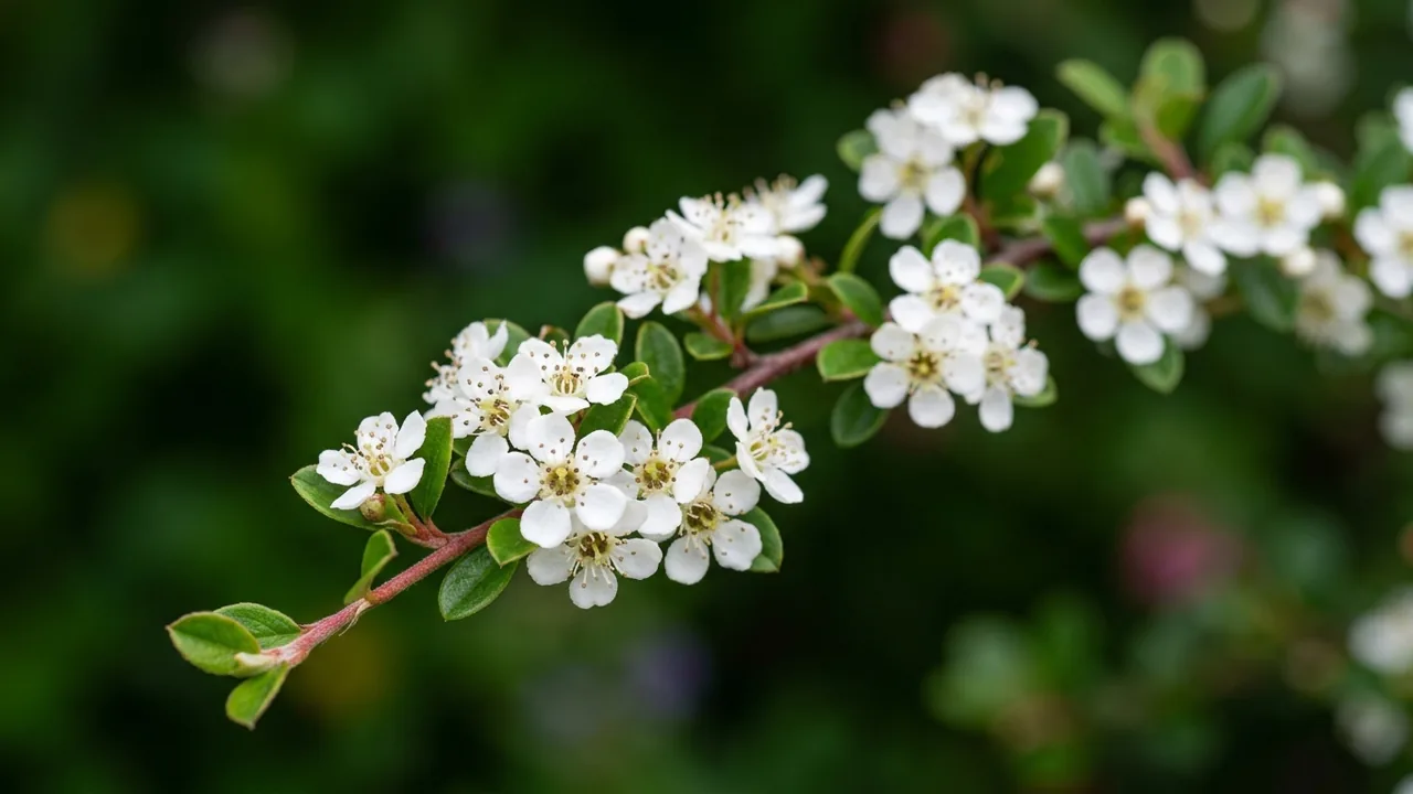 Bearberry Cotoneaster (Cotoneaster dammeri) - white flowers, illustrated plant card