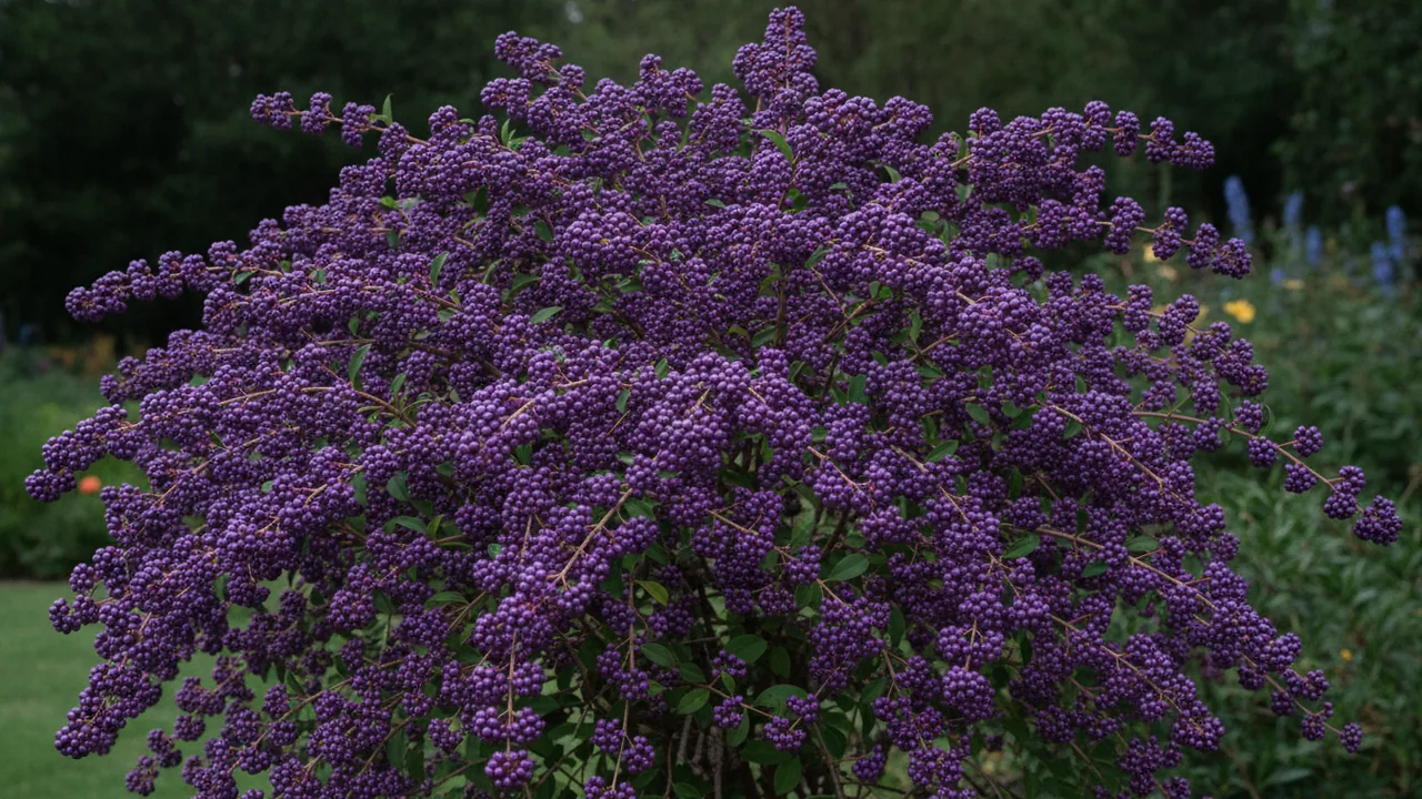 American Beautyberry (Callicarpa americana) - purple flowers, illustrated plant card