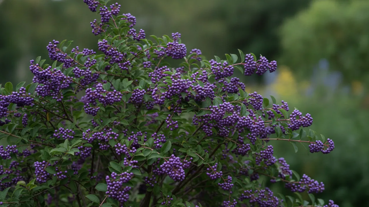 Early Amethyst (Callicarpa dichotoma 'Early Amethyst') - purple flowers, illustrated plant card