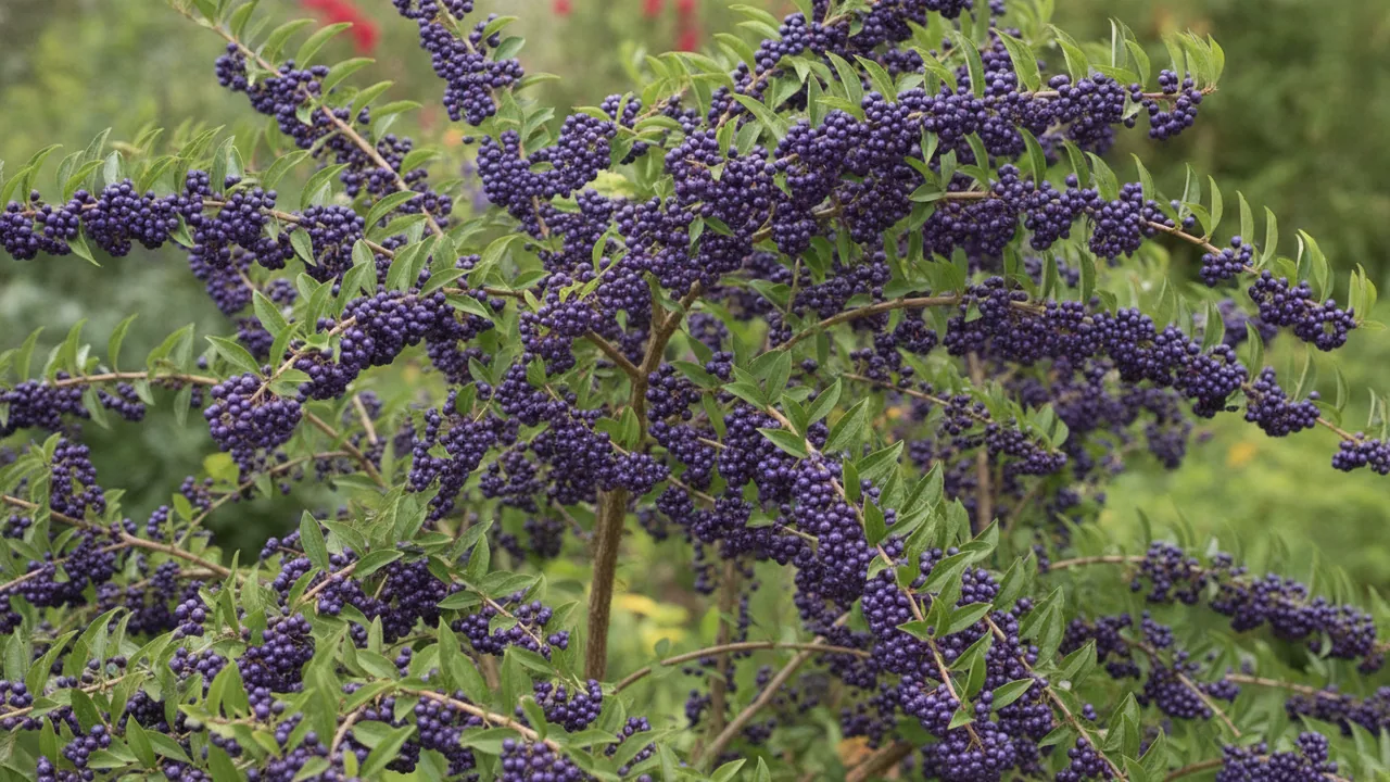 Profusion (Callicarpa bodinieri 'Profusion') - purple flowers, illustrated plant card