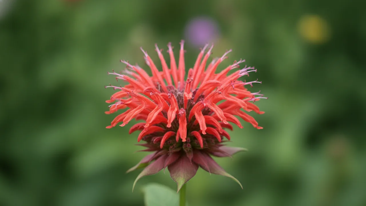 Jacob Cline (Monarda didyma 'Jacob Cline') - red flowers, illustrated plant card