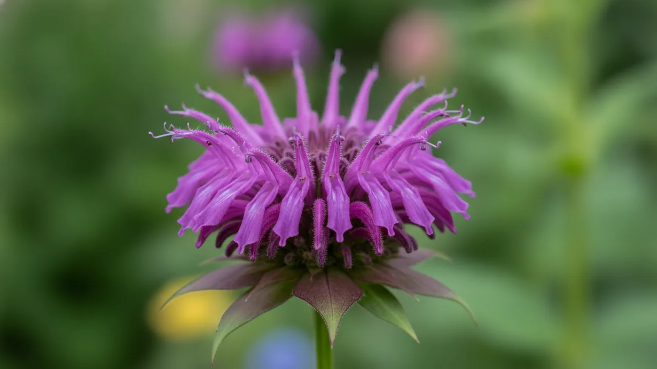 Purple Rooster (Monarda 'Purple Rooster') - purple flowers, illustrated plant card
