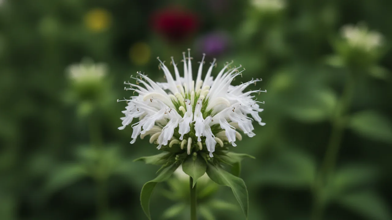 Snow White (Monarda 'Schneewittchen') - white flowers, illustrated plant card