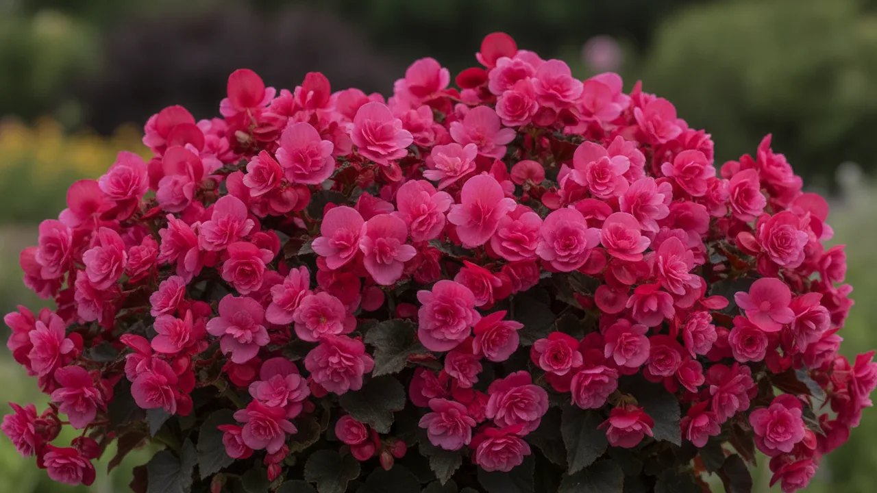 Big Rose (Begonia 'Big Rose Bronze Leaf') - pink flowers, illustrated plant card