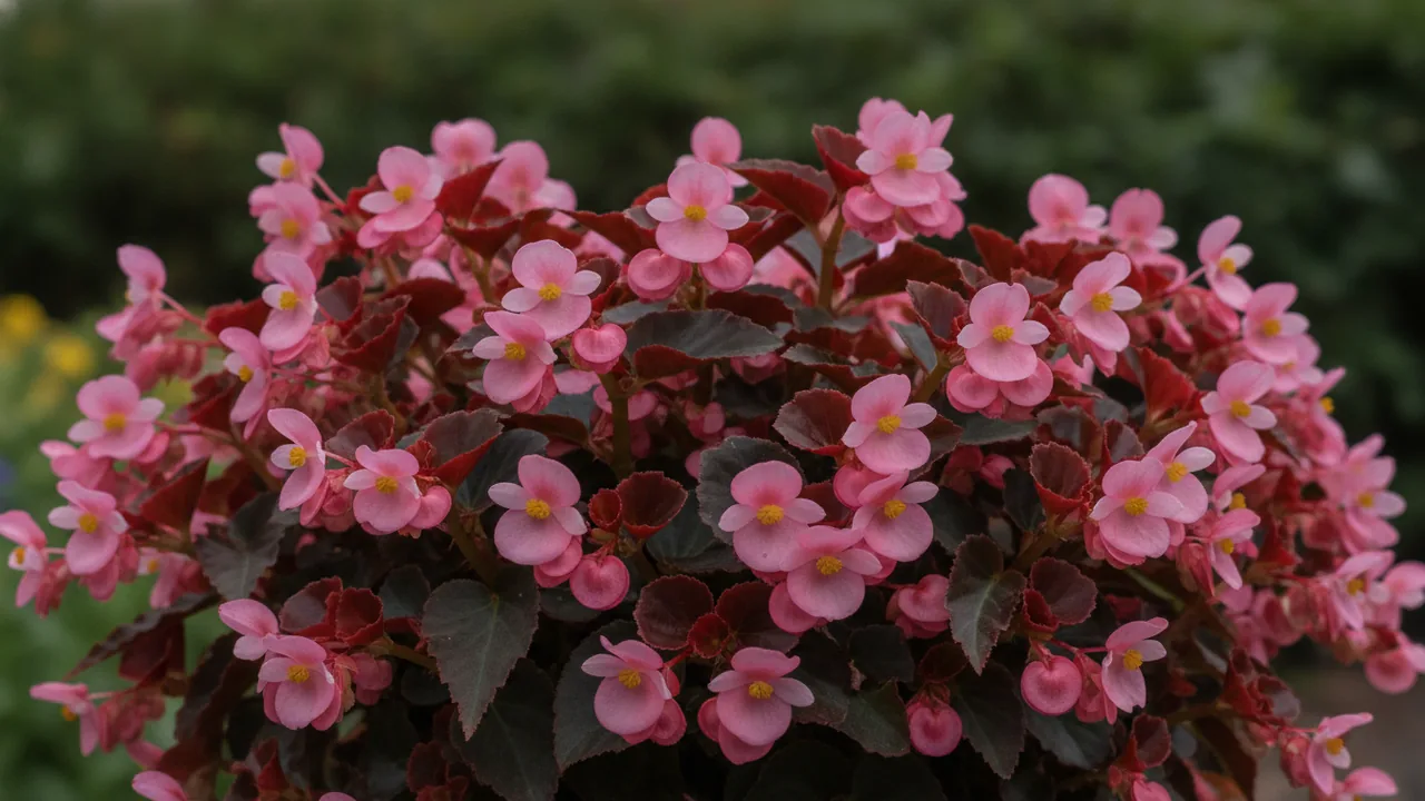 Wax Begonia Pink (Begonia semperflorens) - pink flowers, illustrated plant card